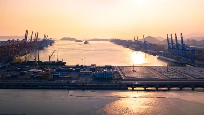 Aerial,View,Of,Busan,New,Port,,South,Korea.